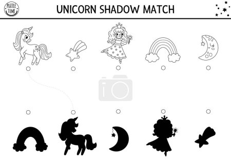 Unicorn black and white shadow matching activity with rainbow, fairy, falling star. Magic world puzzle. Find correct silhouette printable worksheet, game. Fairytale coloring page for kid