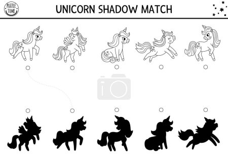 Unicorn black and white shadow matching activity. Magic world puzzle with cute characters. Find correct silhouette printable line worksheet, game. Fairytale coloring page for kid
