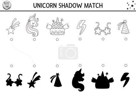 Unicorn black and white shadow matching activity with rainbow cake, birthday cap, falling star. Magic world puzzle. Find correct silhouette printable worksheet, game. Fairytale coloring page for kid