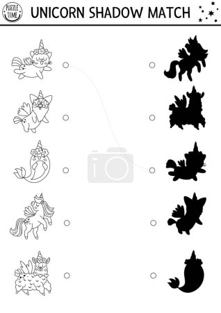 Unicorn black and white shadow matching activity with animals with horns. Magic world puzzle. Find correct silhouette printable worksheet, game. Fairytale coloring page for kids with cat, do