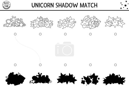 Black and white unicorn shadow matching activity with treasures. Magic world puzzle with gem stone, crystal, flower, star. Find correct silhouette printable worksheet. Fairytale coloring page for ki