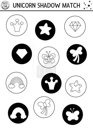 Black and white unicorn shadow matching activity with rainbow, star, butterfly, crystal. Magic line puzzle. Find correct silhouette printable worksheet, game. Fairytale coloring page for kid