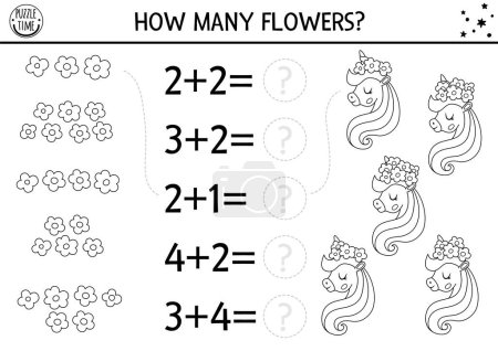 Black and white how many flowers game with cute unicorn head. Magic, fairytale line math addition activity. Simple fantasy world printable counting worksheet or coloring page for kid