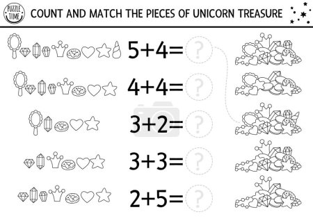 Mathematic black and white game with cute unicorn treasures. Magic, fairytale math addition activity. Fantasy world printable counting worksheet for kids. How many crystals coloring pag