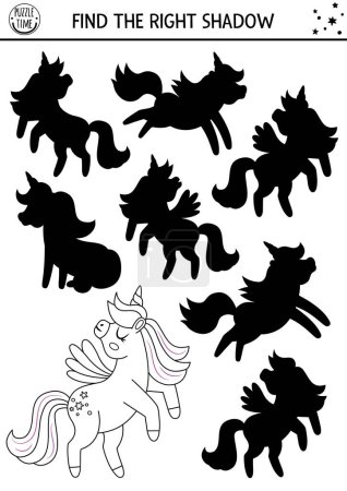Unicorn shadow matching activity with horse with horn, wings. Magic world black and white puzzle with character. Find correct silhouette printable worksheet, game. Fairytale coloring page for kid