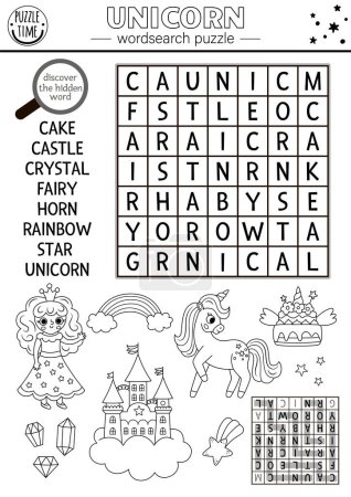 Illustration for Vector black and white unicorn wordsearch puzzle for kids. Magic word search quiz. Educational activity with fairy, rainbow, castle, crystals, star. Fairytale or fantasy world cross word, coloring pag - Royalty Free Image