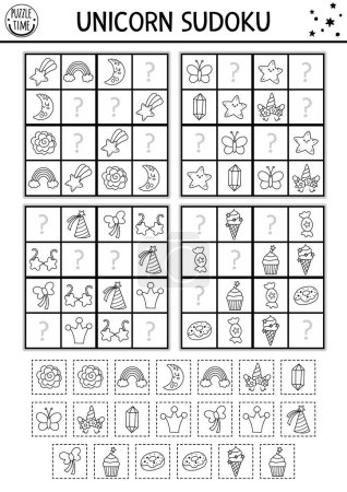 Puzzle vectoriel sudoku licorne noir et blanc pour enfants. Quiz de conte de fées avec éléments de coupe et de colle. Activité éducative ou coloriage avec arc-en-ciel, cristal, étoile tombante. Dessiner l'objet manquant