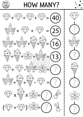 Fairytale black and white how many crystals game, equation or rebus. Unicorn line math activity. Magic world printable counting worksheet or coloring page for kids with ice cream, butterfly, hor