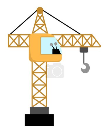 Illustration for Vector lifting crane with hook. Construction site and road work flat icon. Building transportation clipart. Cute special transport or repair service illustration. Yellow tall tower hoist for kid - Royalty Free Image