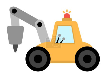 Illustration for Vector tractor with hydro hummer. Construction site and road work flat icon. Building transportation clipart. Cute special transport or repair service illustration. Yellow excavator picture for kid - Royalty Free Image