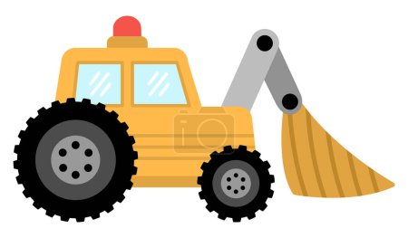 Illustration for Vector tractor with shovel. Construction site and road work flat icon. Building transportation clipart. Cute special transport or repair service illustration. Yellow excavator with scoop for kid - Royalty Free Image