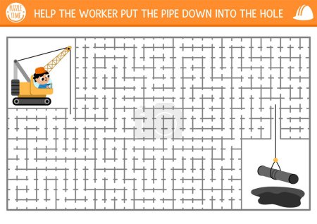 Construction site geometrical maze for kids with road repairing worker, special car. Building preschool printable activity. Labyrinth game, puzzle with crawler crane putting pipes down into the hol