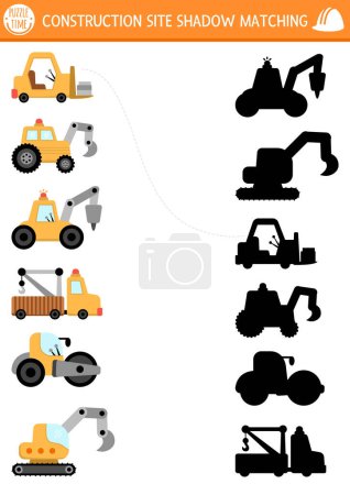 Activité de jumelage d'ombre de chantier avec transport spécial, véhicules. Travaux de construction puzzle avec rouleau, pelleteuse, excavatrice, bulldozer. Trouver la feuille de calcul imprimable silhouette correcte ou jeu pour enfant