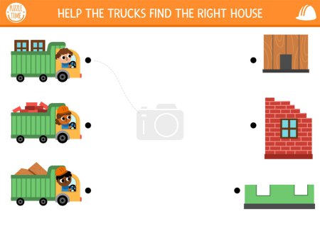 Construction site matching activity with trucks loaded with different materials and houses. Building works puzzle. Match the objects game, printable worksheet. Repair service match up pag