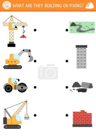Construction site matching activity with special technics and the objects they are fixing or building. Building works puzzle, game, printable worksheet. Repair service match up pag