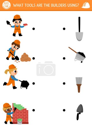 Construction site shadow matching activity with builders and tools. Building works puzzle. Match the silhouette game, printable worksheet. Repair service match up page with brush, wheelbarro
