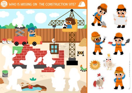 Illustration for Vector construction site cut and glue activity. Crafting game with cute workers building house. Fun printable worksheet for children. Find the right piece of the puzzle. Complete the pictur - Royalty Free Image