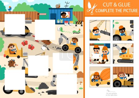 Vector construction site cut and glue activity. Crafting game with cute landscape and workers fixing road. Fill up the scene with square sticker. Find the right piece of puzzle. Complete the pictur