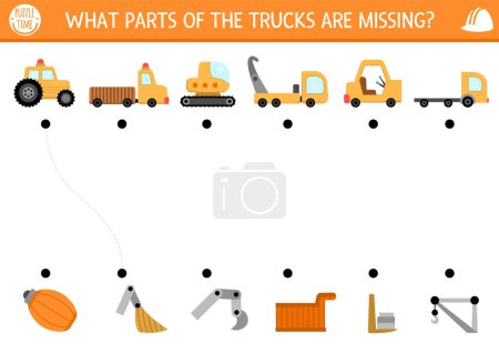 Construction site matching activity with special technics and missing parts. Building works puzzle. Match the object game, printable worksheet. Repair service match up page with truck, bulldozer, excavato