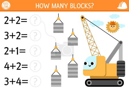 How many blocks game with cute crawler crane. Construction site math addition activity for children. Simple building works printable counting worksheet for kids with special car, vehicle, loa