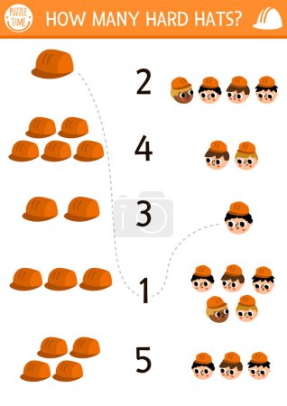 Match the numbers construction site game with builders and hard hats. Building works math activity for preschool kids. Repair service educational counting worksheet with helmets, uniform headwea