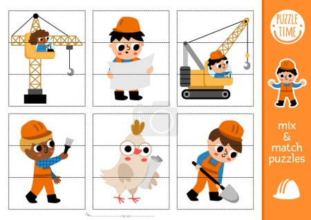 Vector construction site mix and match puzzle with cute workers. Matching building works activity for preschool kids. Educational printable game with industrial vehicles and builders in hard hat