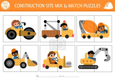 Vector construction site mix and match puzzle with cute industrial vehicles. Matching building works activity for preschool kids. Educational printable game with bulldozer, excavator, truck, rolle