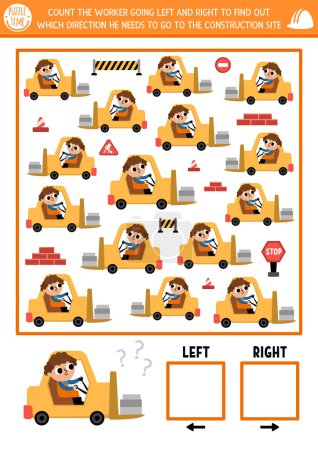 Construction site logic game with right and left concept for kids. I spy searching, counting activity with forklift car. Industrial vehicle printable space orientation worksheet for preschool childre