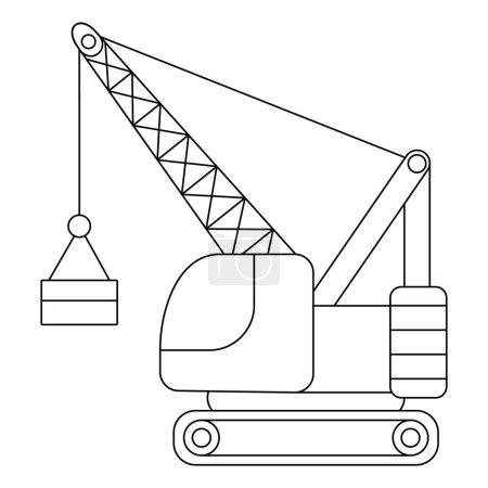Illustration for Vector black and white crawler crane with load. Construction site, road work line icon. Building transportation clipart. Cute special transport, repair service illustration. Loader coloring pag - Royalty Free Image