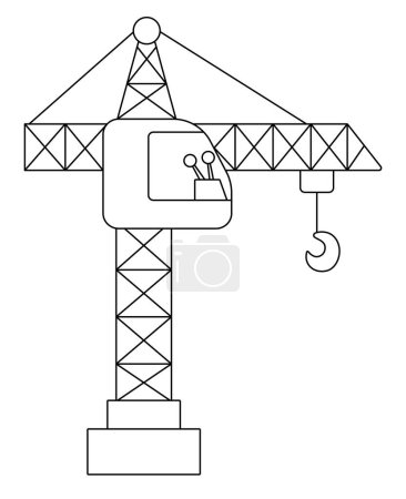 Illustration for Vector black and white lifting crane with hook. Construction site, road work line icon. Building transportation clipart. Cute special transport illustration. Tall tower hoist coloring pag - Royalty Free Image