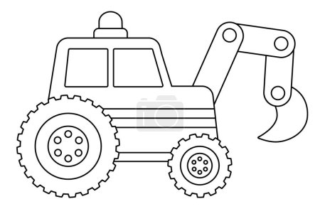 Illustration for Vector black and white tractor with digger. Construction site, road work line icon. Building transportation clipart. Cute special transport illustration. Excavator coloring page for kid - Royalty Free Image