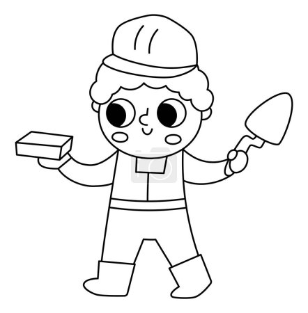 Vector black and white cartoon builder with brick and spatula. Cute line repairmen illustration or coloring page for kids. Funny worker in helmet laying bricks. Profession icon for childre