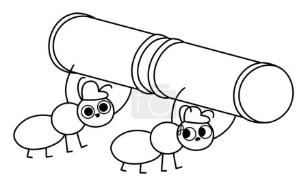 Vector black and white ants in hard hats bringing big pipe. Construction site worker line illustration or coloring page for kids. Funny builder insect characters. Animal repairmen ico