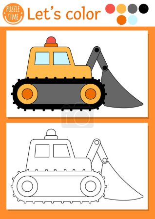 Coloriage du chantier pour les enfants avec tracteur bulldozer. Schéma des travaux de réparation vectorielle illustration. Livre de couleurs pour les enfants avec exemple coloré. Compétences de dessin workshee imprimable