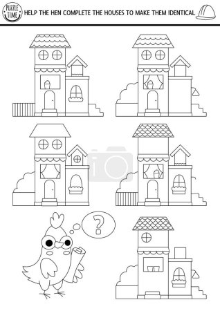 Black and white find differences, logical and drawing game for kids. Construction site educational activity with houses. Complete houses to make them identical printable worksheet, puzzl