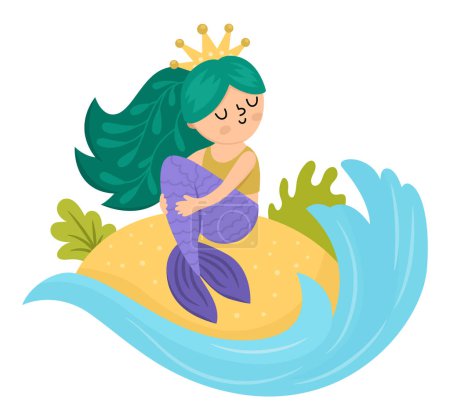 Märchenhafte Vektor-Meerjungfrau auf einem Sand sitzend, umspült von Wasserwellen. Fantasie Fisch Mädchen isoliert auf weißem Hintergrund. Märchenhafte Meeresprinzessin. Netter Sirenencharakter. Unterwasserabenteuer