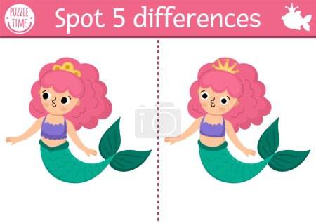 Find differences game for children. Mermaid educational activity with sea princess. Cute puzzle for kids with funny girl with tail. Printable worksheet or page for logic and attention skill