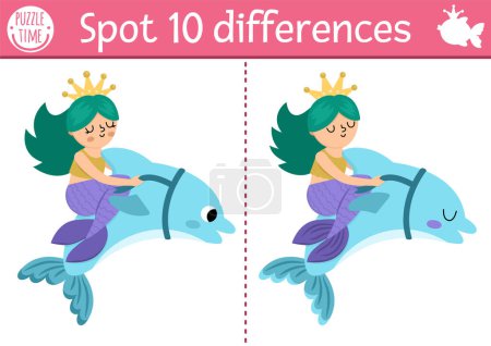 Find differences game for children. Mermaid educational activity with sea princess riding dolphin. Cute puzzle for kids with girl with tail. Printable worksheet or page for logic and attention skill