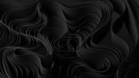 Schwarze Schichten aus Stoff oder Papier verziehen sich. Abstrakte Stoffverdrehung. 3D-Darstellung.