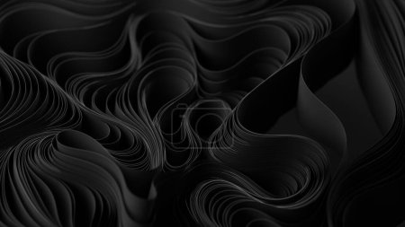 Couches noires de tissu ou de gauchissement du papier. Torsion abstraite du tissu. Illustration de rendu 3D.