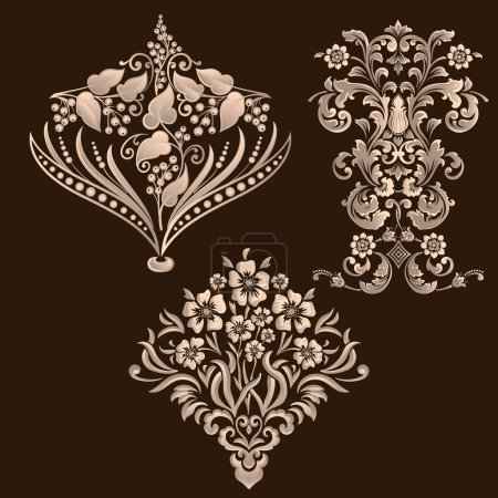 Illustration for Vector set of damask ornamental elements. Elegant floral abstract elements for design. Perfect for invitations, cards etc - Royalty Free Image