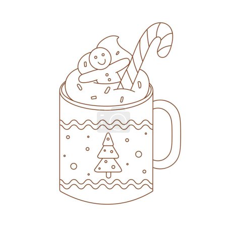 Ilustración de Dibujo para colorear de la taza de Navidad con bastón de caramelo y hombre de jengibre. Taza de chocolate caliente delineada. Colorear libro de vectores antiestrés para adultos y niños. - Imagen libre de derechos