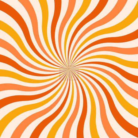 Illustration for Retro Groovy 70s background. Y2k aesthetic spiral ray burst. Swirling radial vortex background. Red, yellow and orange colors. Trendy vector backdrop. - Royalty Free Image
