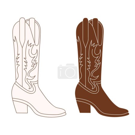 Illustration for Retro Cowgirl boots with ornament. Cowboy western and wild west theme. Vector isolated white and black design for postcard, t-shirt, sticker etc. - Royalty Free Image