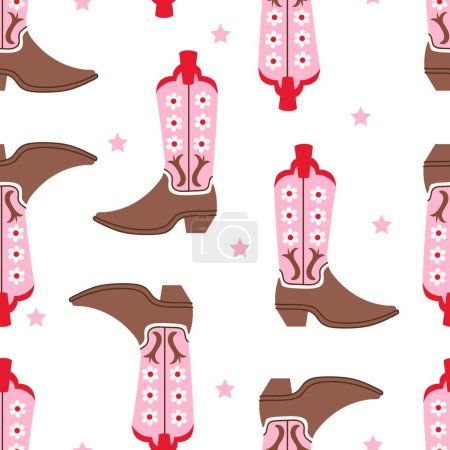 Illustration for Retro seamless pattern with Cowgirl boots. Bright color boots with ornament. Wild West fashion style vector for invitation, wrapping paper, packaging etc. - Royalty Free Image