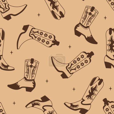 Illustration for Retro seamless pattern with Cowgirl boots. Various boots with ornament. Wild West fashion style vector for invitation, wrapping paper, packaging etc. - Royalty Free Image
