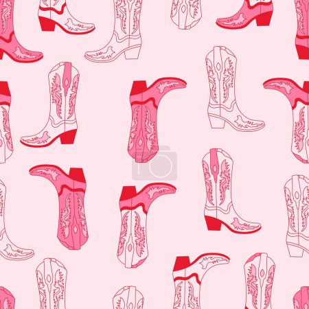 Illustration for Retro seamless pattern with different Cowgirl boots. Pink color boots. Wild West fashion style vector for invitation, wrapping paper, packaging etc. - Royalty Free Image