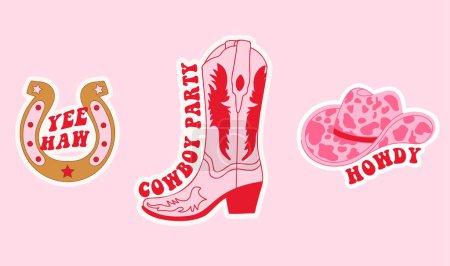 Illustration for Collection with cowgirl sticker. Cowboy hat, horseshoe, boot and lettering. Cowboy western and wild west theme. Hand drawn vector design for postcard, t-shirt, sticker etc. - Royalty Free Image