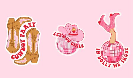 Collection with cowgirl sticker. Cowboy hat, disco ball, boot and lettering. Cowboy western and wild west theme. Hand drawn vector design for postcard, t-shirt, sticker etc.