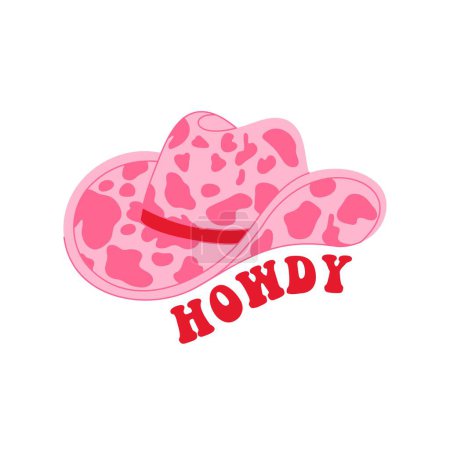 Retro Cowgirl hat with cow print. Howdy quotes. Cowboy western and wild west theme. Hand drawn vector design for postcard, t-shirt, sticker etc.